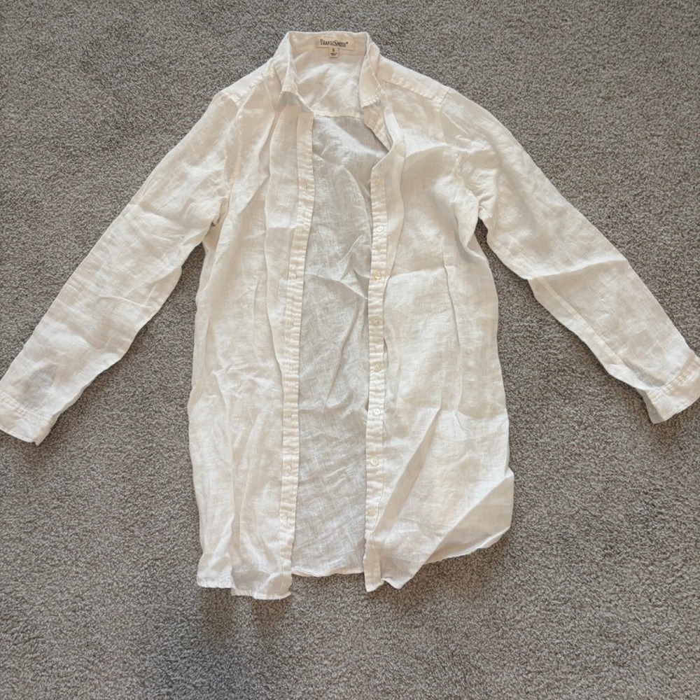 TravelSmith Womens White Linen Long Sleeve Button Down Tunic Shirt Size S